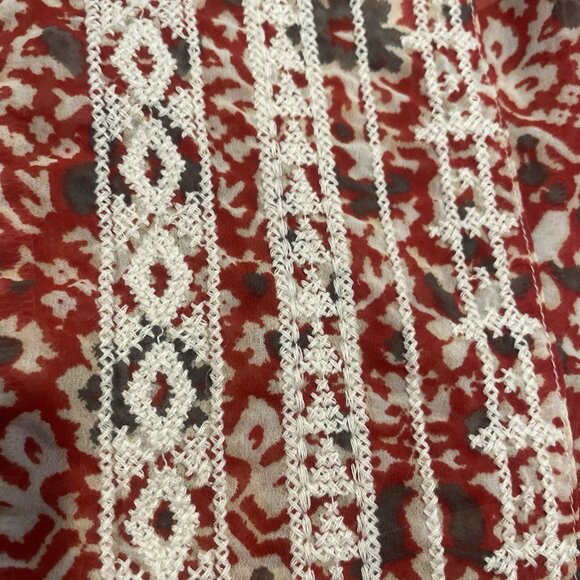 Lucky Brand Blouse Womens Large Embroidered Pintuck Peasant Red Floral Boho - Picture 4 of 8